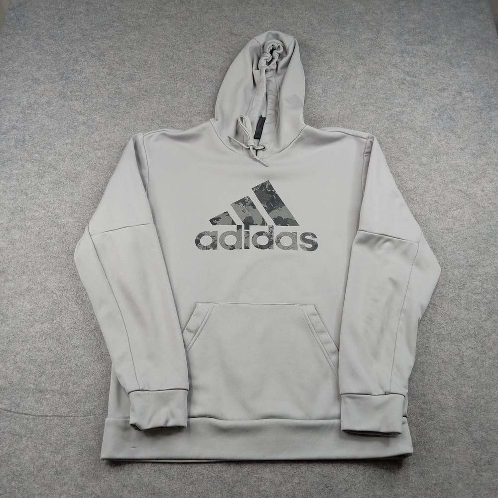 Adidas Hoodie Mens Medium Gray Fleece Pullover Sweatshirt Graphic Logo GP3988